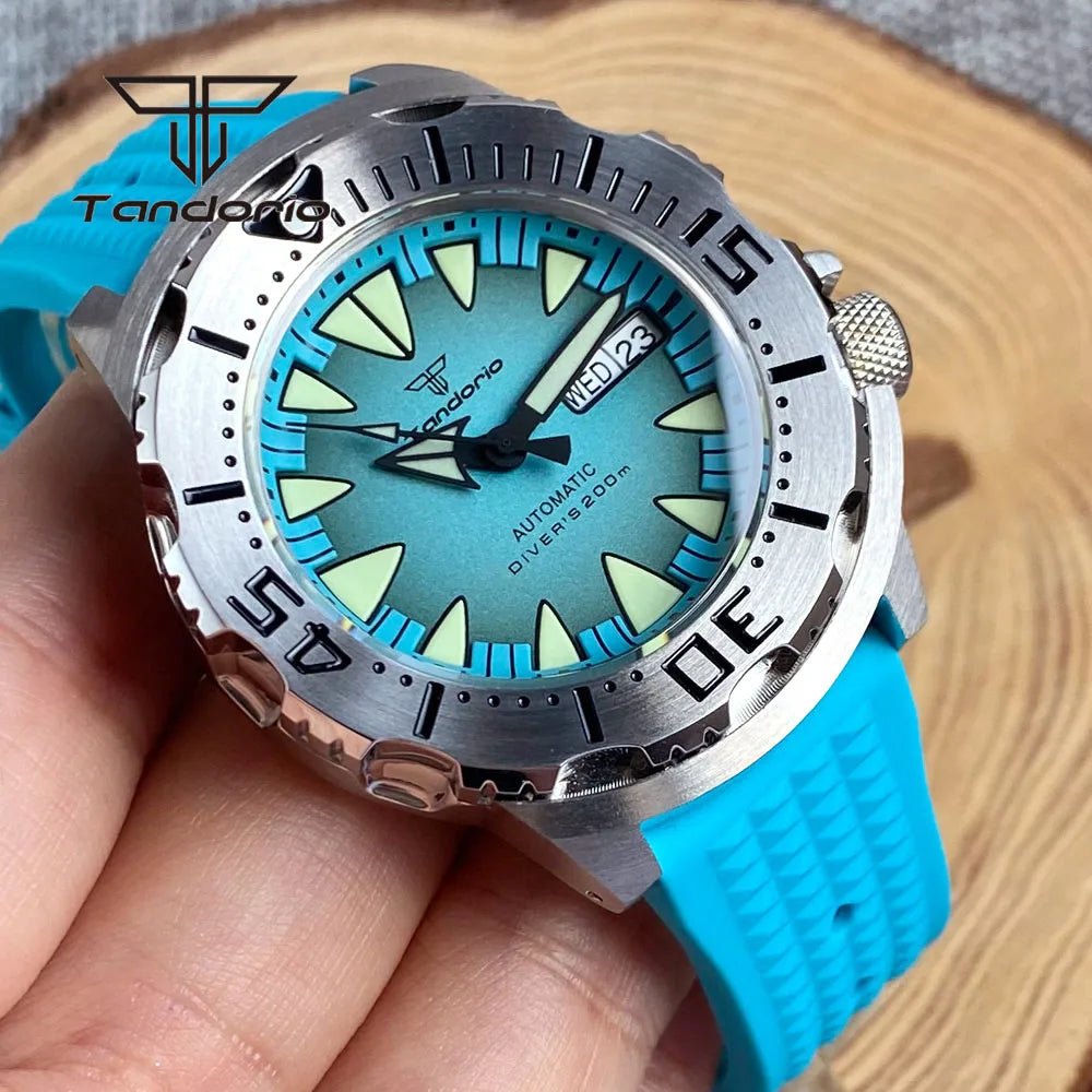 Tandorio Monster Dive NH36 42mm Mechanical Automatic Men Watch 20ATM AR Sapphire Crystal Wristwatch Date Week Green Luminous