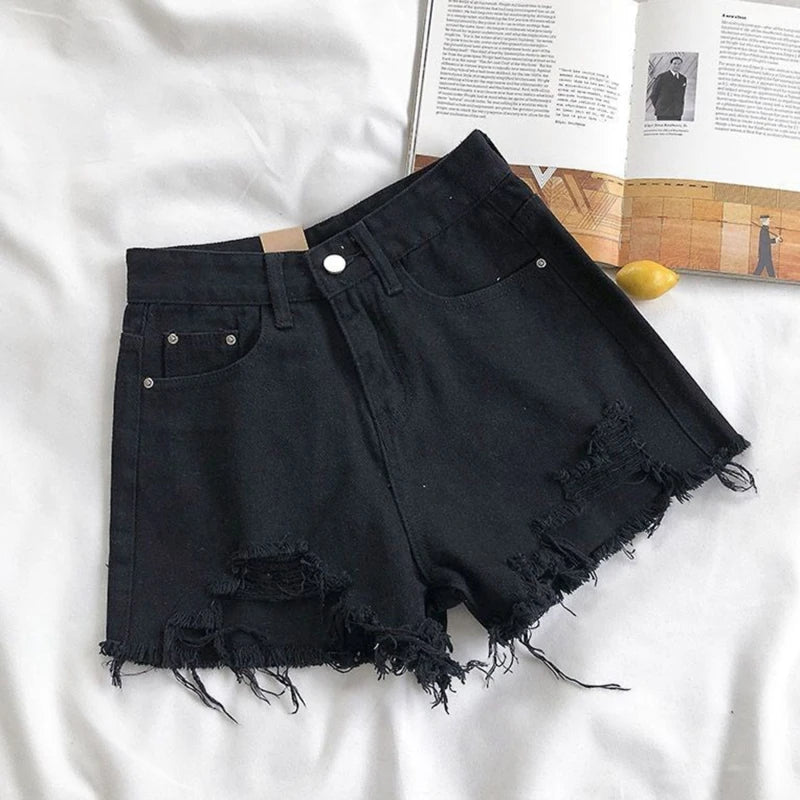 Koreanische Denim-Shorts für Damen, Sommer, modisch, lässig, hohe Taille, zerrissene Jeans, Tasche, Quaste, Y2K Hot Pants, Streetwear, blaue Hose