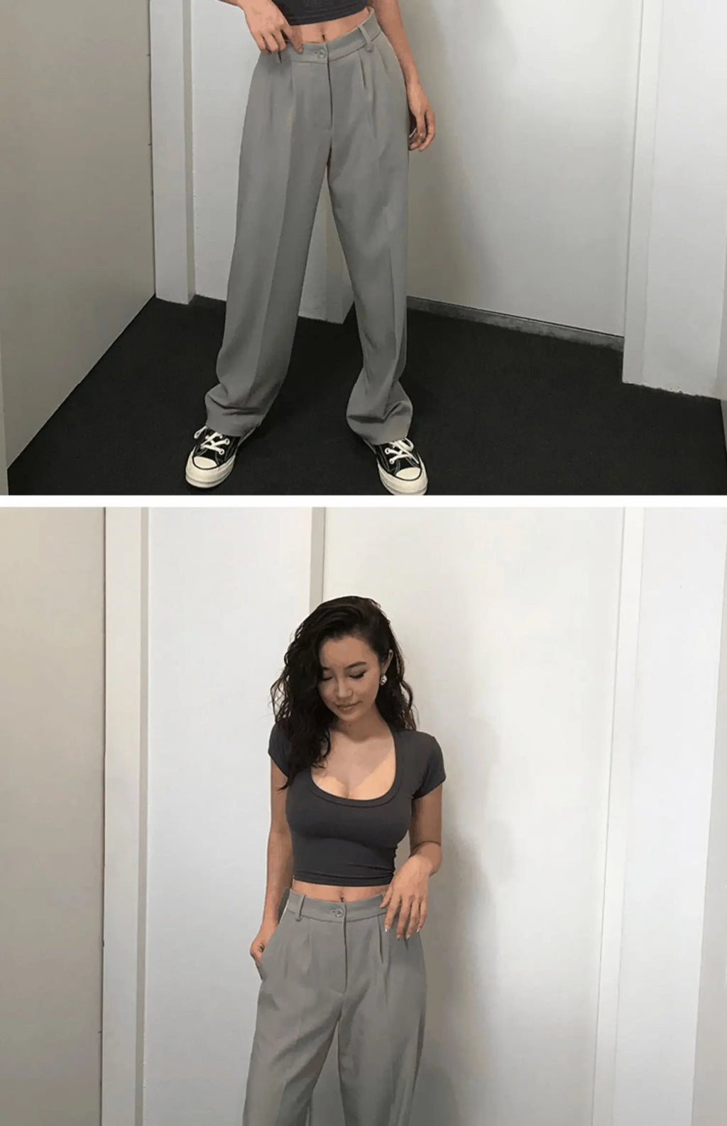 Summer Short Sleeve T-Shirt Women's High Waist Wide Leg Pants U-Neck Short Top Trendy Korean Style Commute Pure Color Shirt