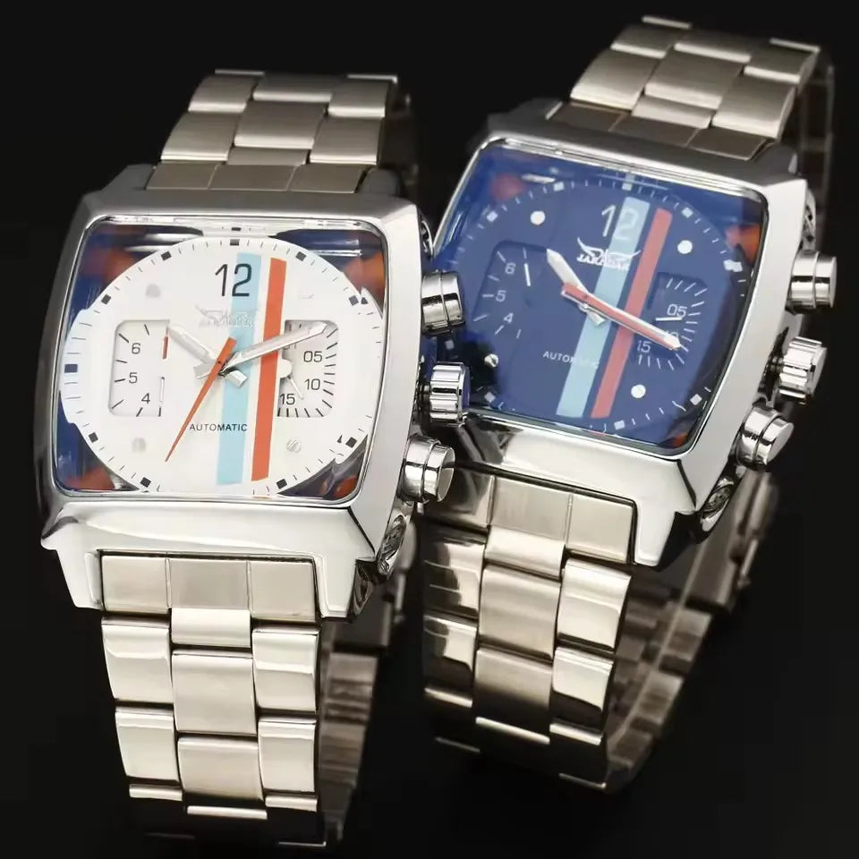 JARAGAR 569 Retro Square Dial Unique Men's Automatic Mechanical Watch Calendar Week Steel Strap Casual Men's Clock reloj hombre