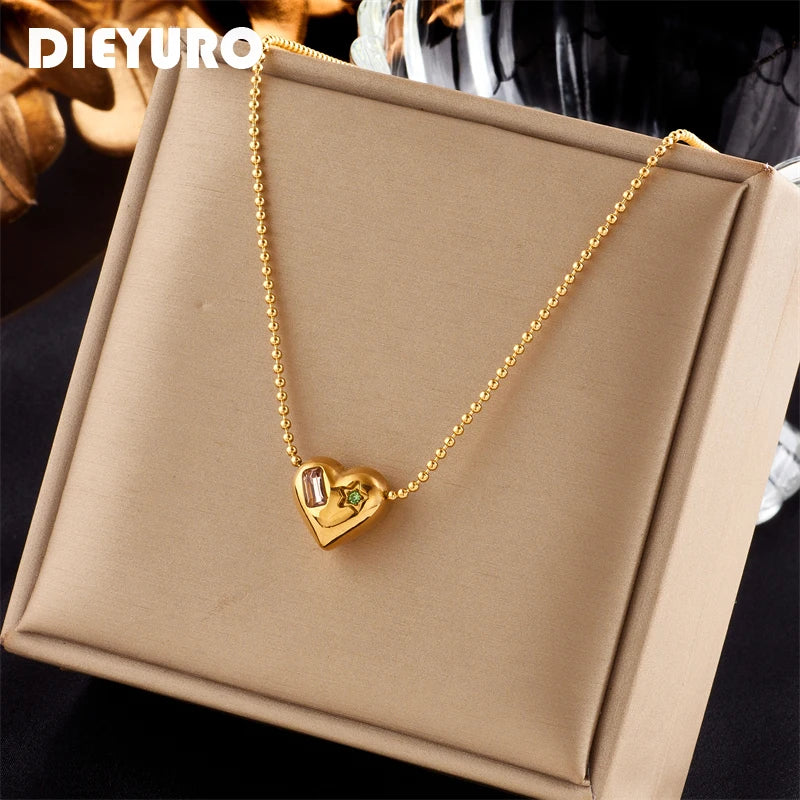 DIEYURO 316L Stainless Steel Large Heart Zircon Necklace For Women New Simple Girls Clavicle Chain Jewelry Birthday Party Gifts