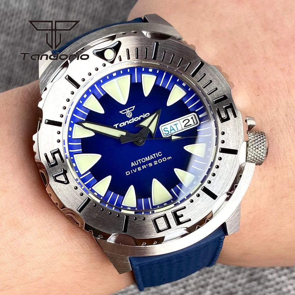 Tandorio Monster Dive NH36 42mm Mechanical Automatic Men Watch 20ATM AR Sapphire Crystal Wristwatch Date Week Green Luminous
