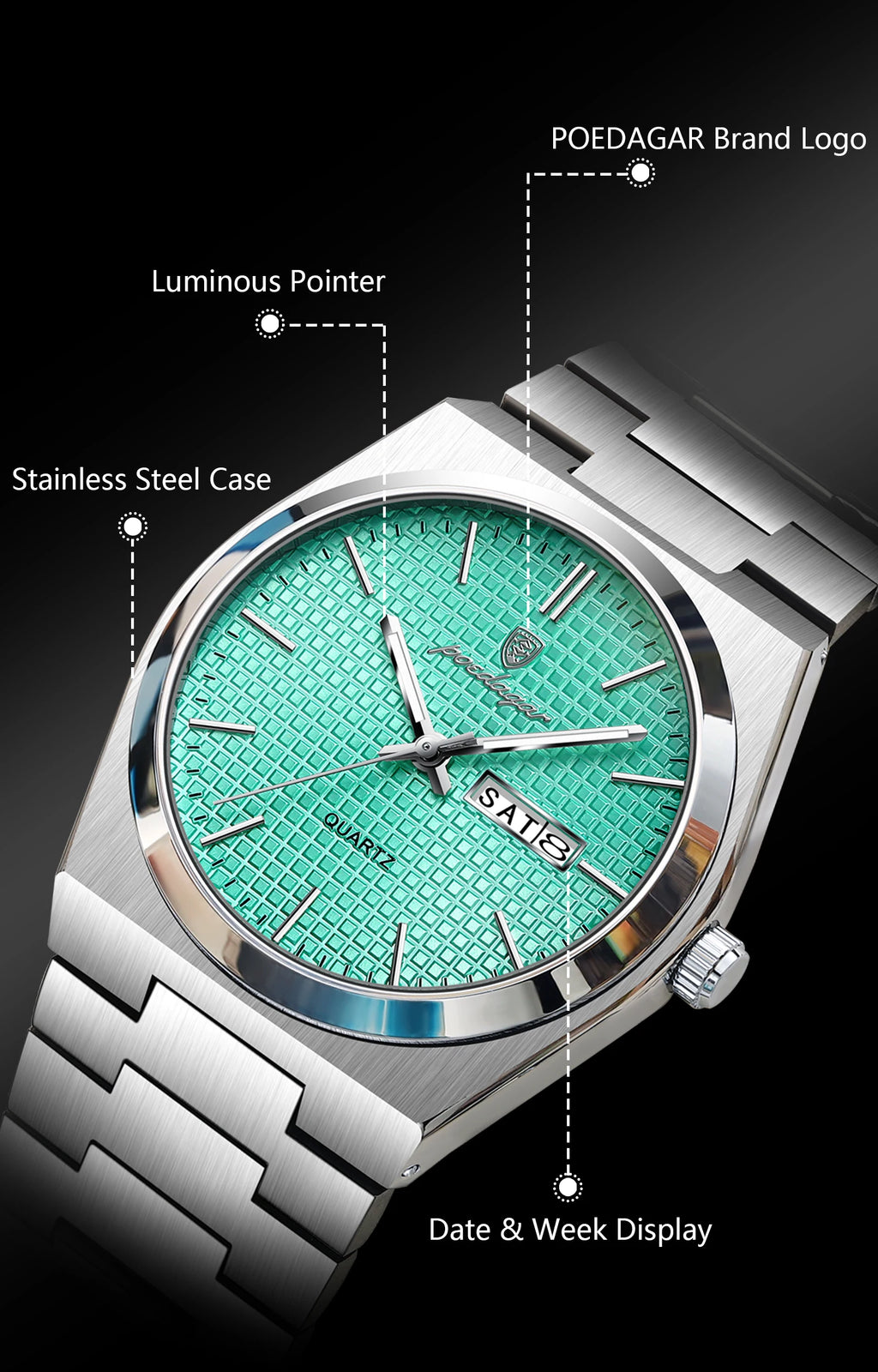 POEDAGAR Luxury Fashion Male Watch Stainless Steel Waterproof Luminous Men's Quartz Watches Casual Date Week Wristwatch For Men