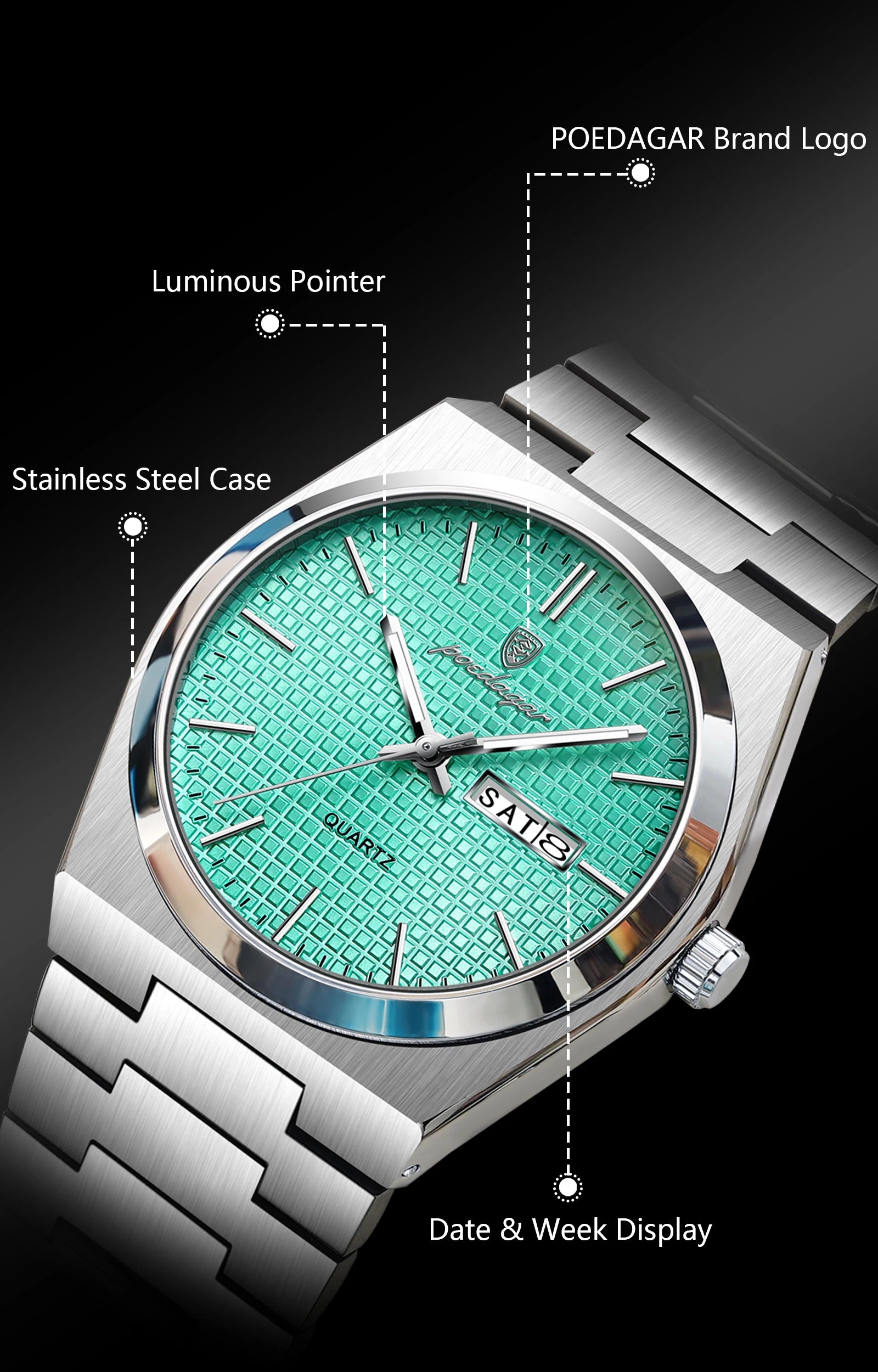 POEDAGAR Luxury Fashion Male Watch Stainless Steel Waterproof Luminous Men's Quartz Watches Casual Date Week Wristwatch For Men