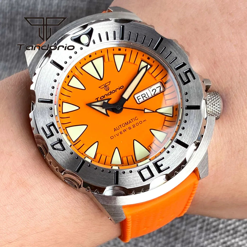 Tandorio Monster Dive NH36 42mm Mechanical Automatic Men Watch 20ATM AR Sapphire Crystal Wristwatch Date Week Green Luminous