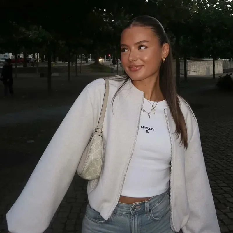 HXAO Outerwears Kurze Bomberjacke Damen Herbst Langarm Kunstwollmäntel Für Damen Winter Reißverschluss Grau Beige Kurze Mäntel
