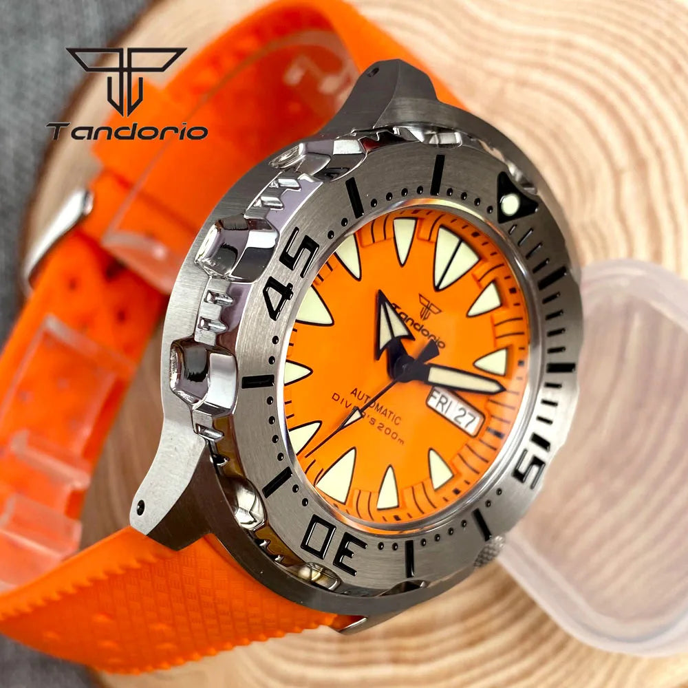 Tandorio Monster Dive NH36 42mm Mechanical Automatic Men Watch 20ATM AR Sapphire Crystal Wristwatch Date Week Green Luminous