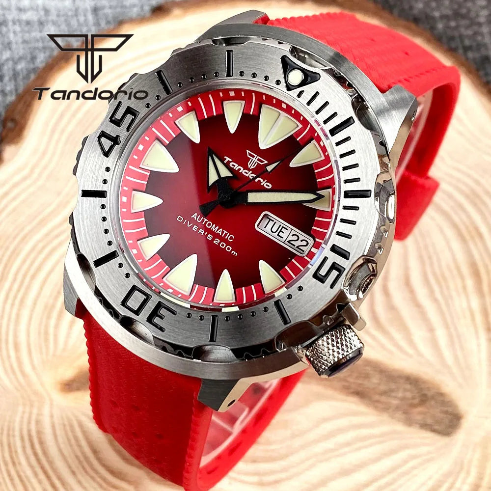 Tandorio Monster Dive NH36 42mm Mechanical Automatic Men Watch 20ATM AR Sapphire Crystal Wristwatch Date Week Green Luminous