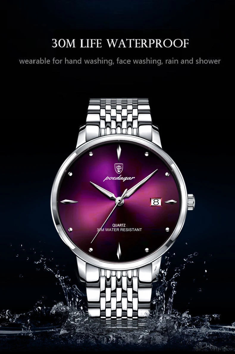 POEDAGAR Business Men's Watches Stainless Steel Date Men Watch Waterproof Luminous Fashion Casual Quartz Man Wristwatch+Gift Box