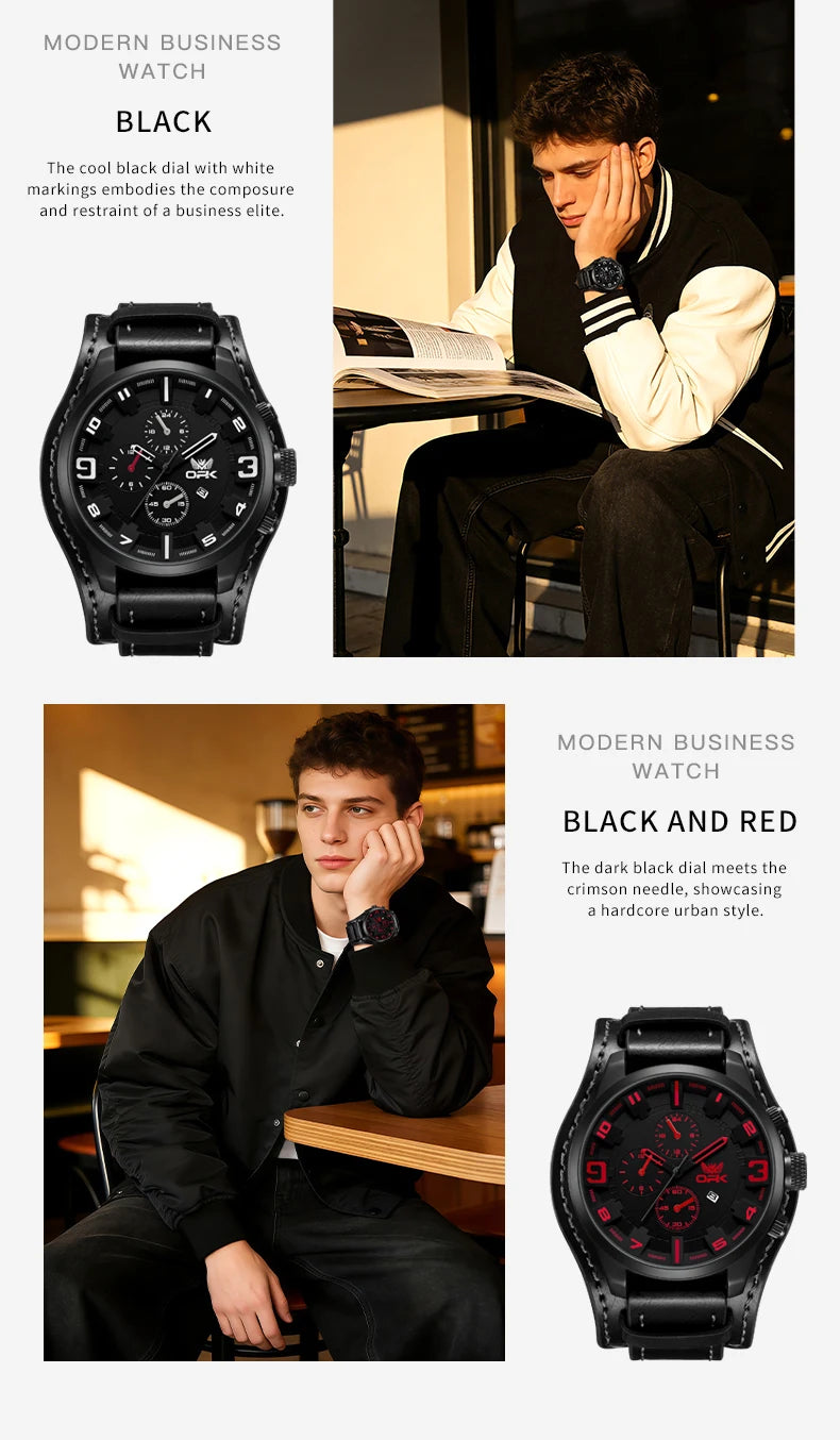 OPK 6091 Man Watch 47mm Large Dial Chronograph Date Waterproof Watches Original Leather Strap Fashion Retro Quartz Watch for Men