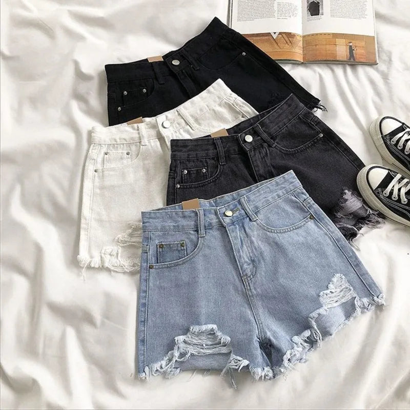 Koreanische Denim-Shorts für Damen, Sommer, modisch, lässig, hohe Taille, zerrissene Jeans, Tasche, Quaste, Y2K Hot Pants, Streetwear, blaue Hose