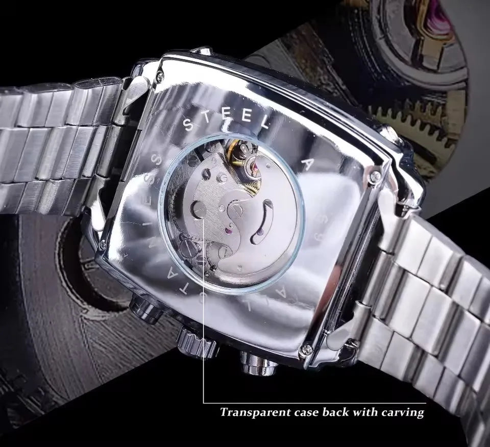 JARAGAR 569 Retro Square Dial Unique Men's Automatic Mechanical Watch Calendar Week Steel Strap Casual Men's Clock reloj hombre