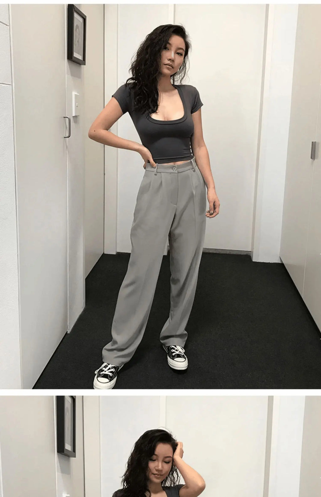 Summer Short Sleeve T-Shirt Women's High Waist Wide Leg Pants U-Neck Short Top Trendy Korean Style Commute Pure Color Shirt