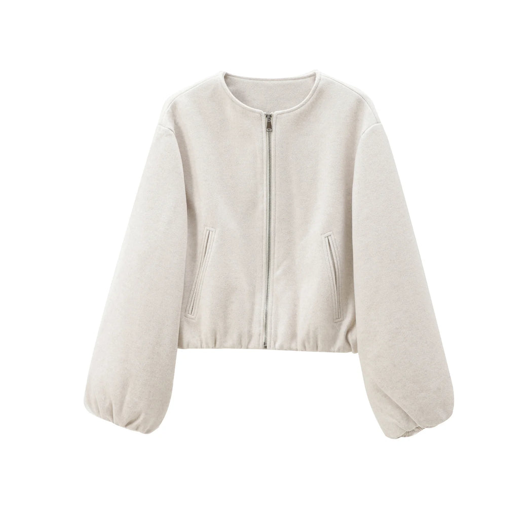 HXAO Outerwears Kurze Bomberjacke Damen Herbst Langarm Kunstwollmäntel Für Damen Winter Reißverschluss Grau Beige Kurze Mäntel