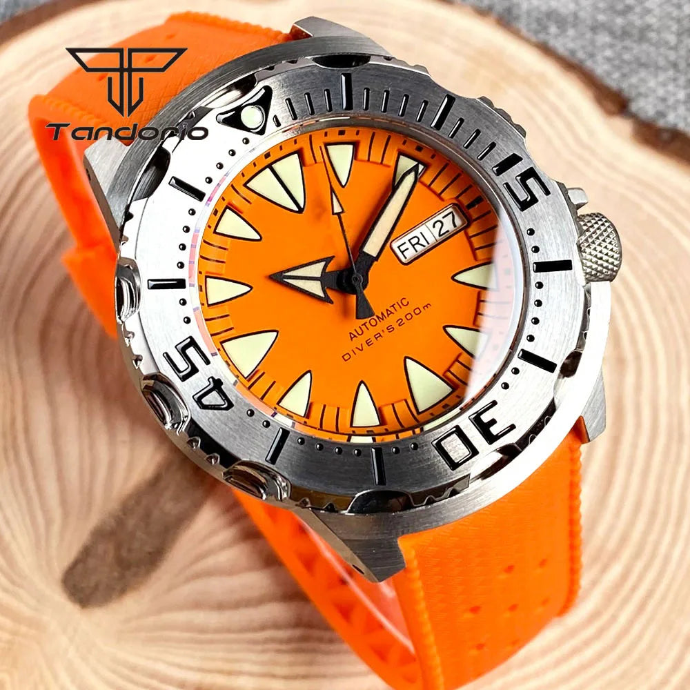 Tandorio Monster Dive NH36 42mm Mechanical Automatic Men Watch 20ATM AR Sapphire Crystal Wristwatch Date Week Green Luminous