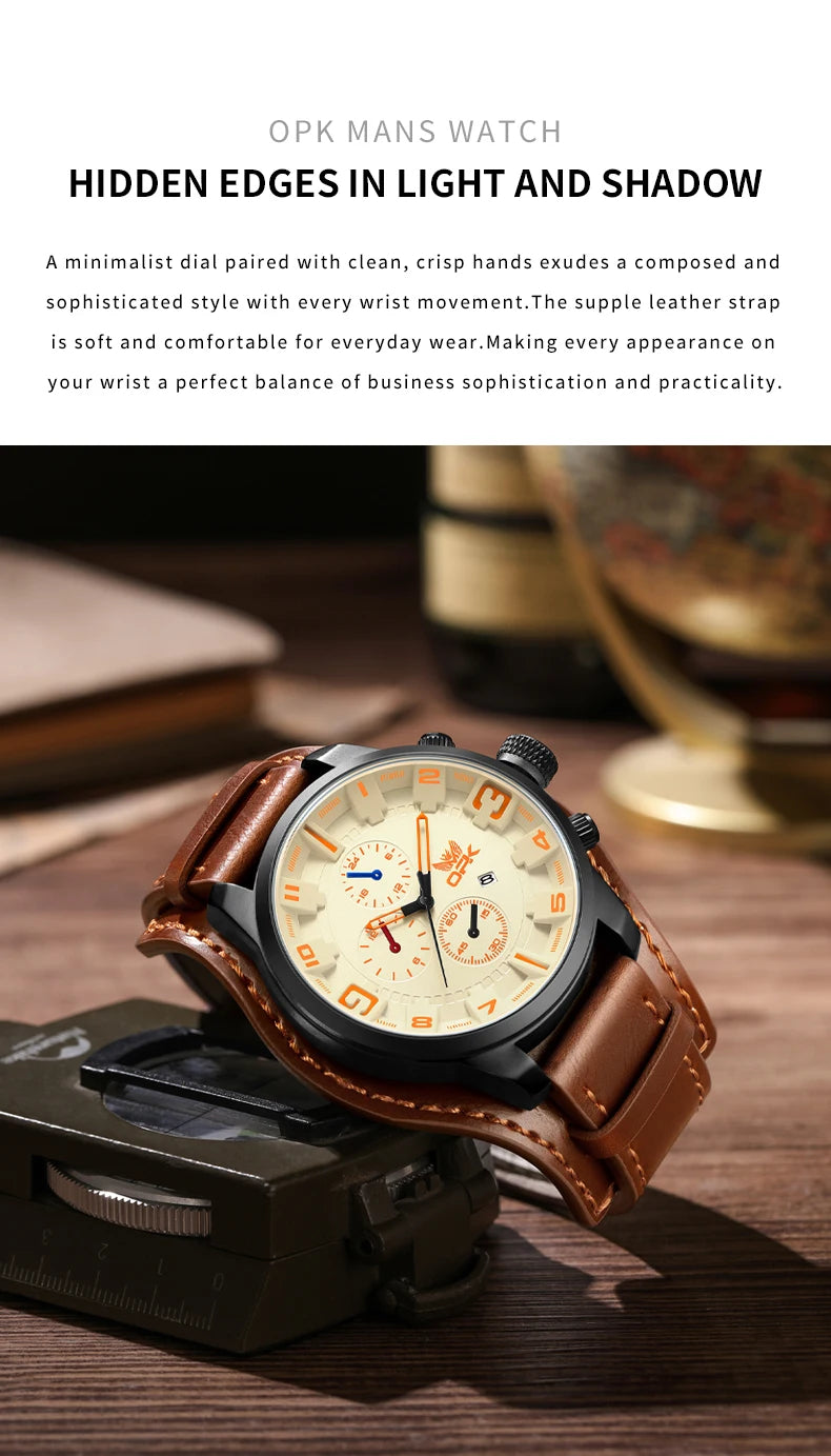 OPK 6091 Man Watch 47mm Large Dial Chronograph Date Waterproof Watches Original Leather Strap Fashion Retro Quartz Watch for Men