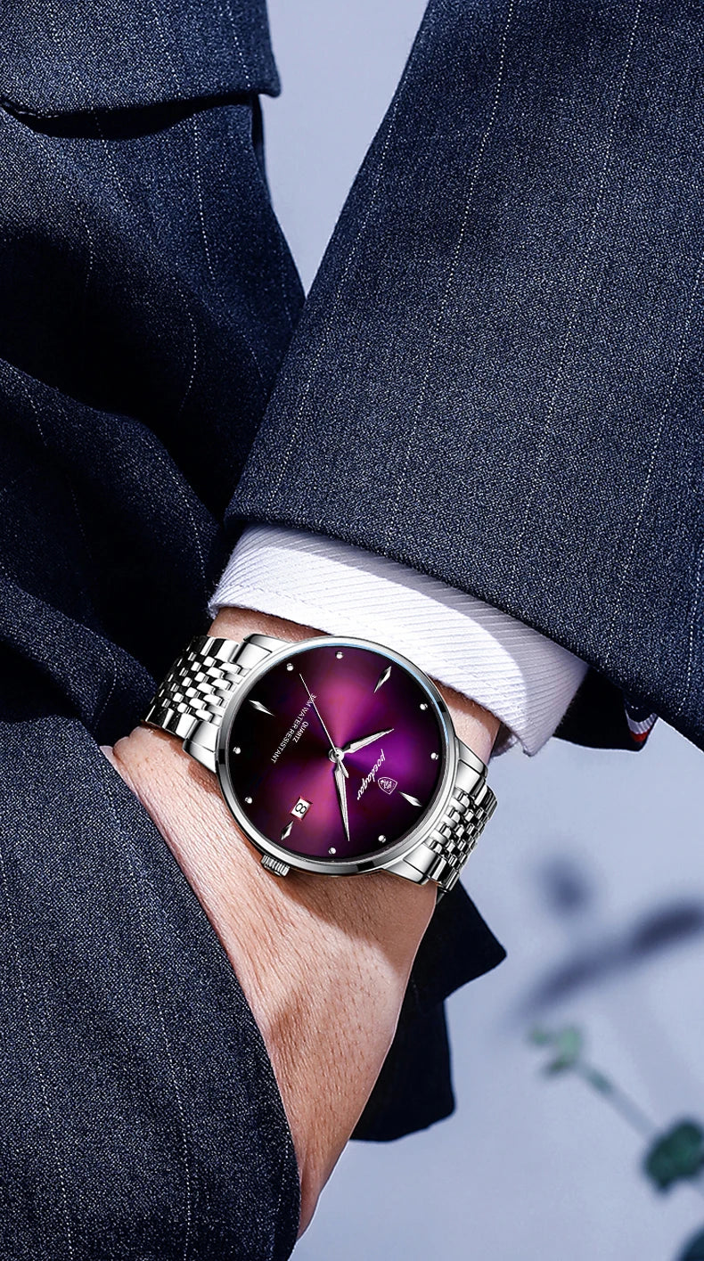 POEDAGAR Business Men's Watches Stainless Steel Date Men Watch Waterproof Luminous Fashion Casual Quartz Man Wristwatch+Gift Box