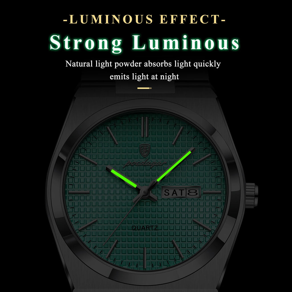 POEDAGAR Luxury Fashion Male Watch Stainless Steel Waterproof Luminous Men's Quartz Watches Casual Date Week Wristwatch For Men