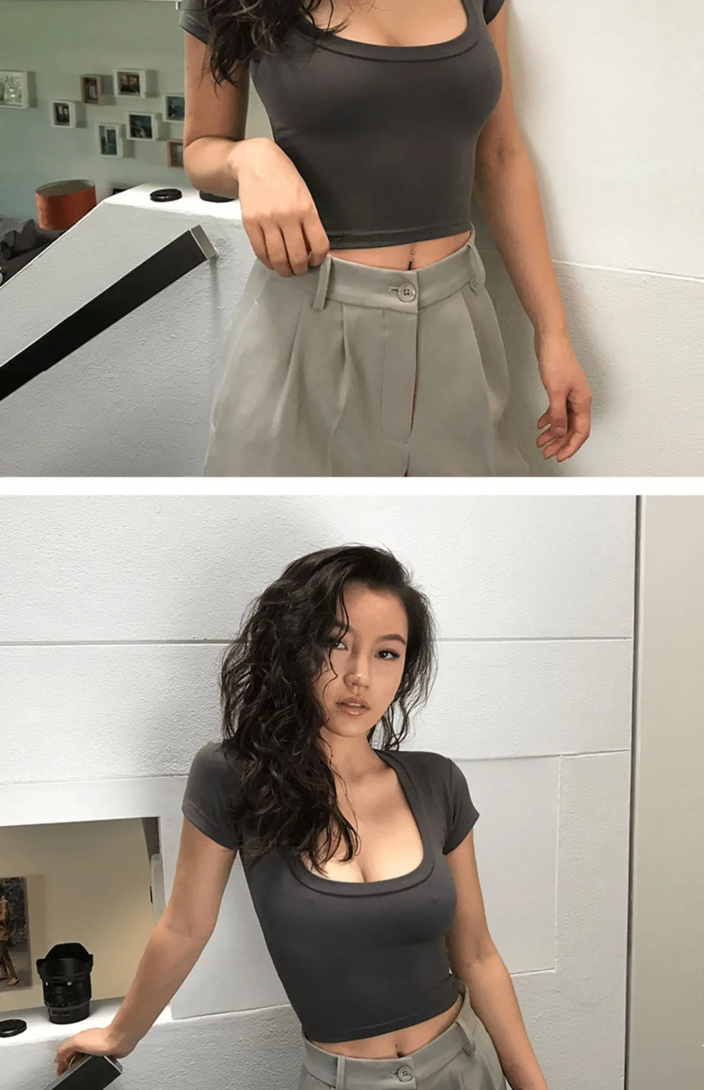 Summer Short Sleeve T-Shirt Women's High Waist Wide Leg Pants U-Neck Short Top Trendy Korean Style Commute Pure Color Shirt