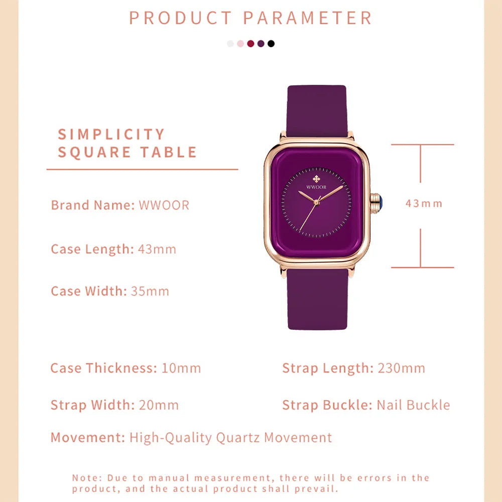 WWOOR Luxury Brand Watches For Women Fashion Square Purple Ladies Quartz Wristwatch Waterproof Silicone Band Relogio Feminino