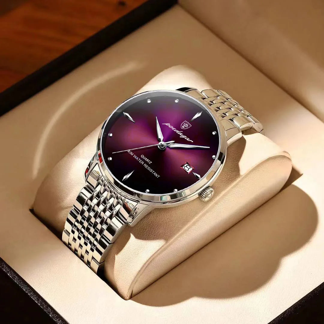 POEDAGAR Business Men's Watches Stainless Steel Date Men Watch Waterproof Luminous Fashion Casual Quartz Man Wristwatch+Gift Box
