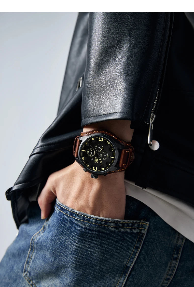 OPK 6091 Man Watch 47mm Large Dial Chronograph Date Waterproof Watches Original Leather Strap Fashion Retro Quartz Watch for Men