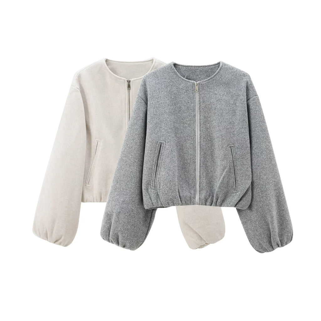 HXAO Outerwears Kurze Bomberjacke Damen Herbst Langarm Kunstwollmäntel Für Damen Winter Reißverschluss Grau Beige Kurze Mäntel