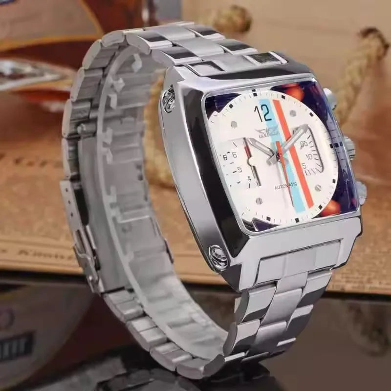 JARAGAR 569 Retro Square Dial Unique Men's Automatic Mechanical Watch Calendar Week Steel Strap Casual Men's Clock reloj hombre