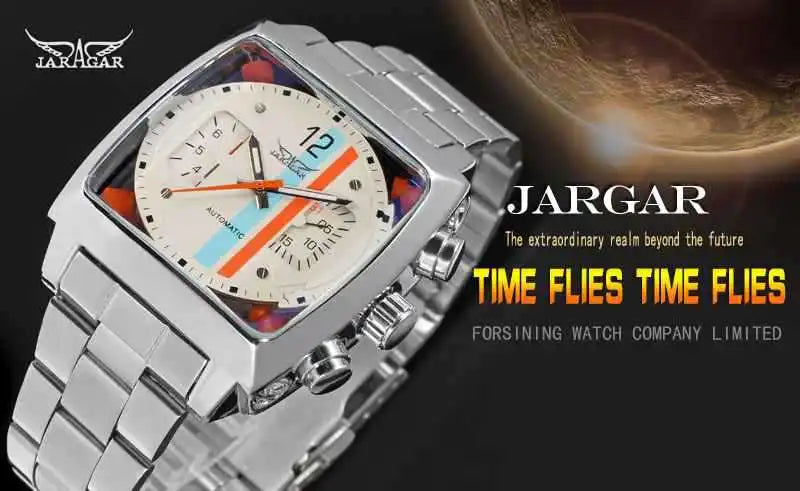JARAGAR 569 Retro Square Dial Unique Men's Automatic Mechanical Watch Calendar Week Steel Strap Casual Men's Clock reloj hombre