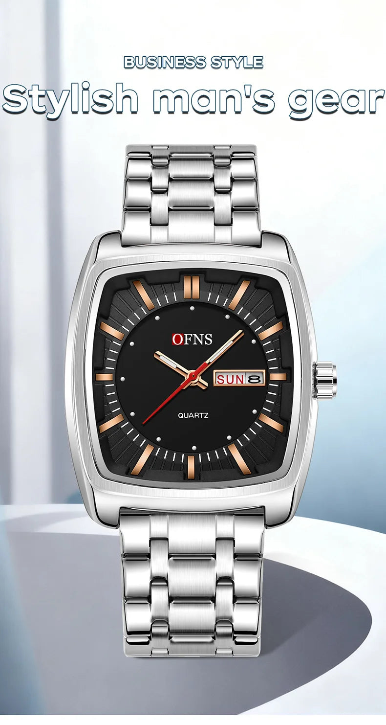 2026 Fashion Ofns Top Brand Simple Full Steel Belt Quartz Watch High Value Wine Barrel Square Waterproof Luminous Business Men's