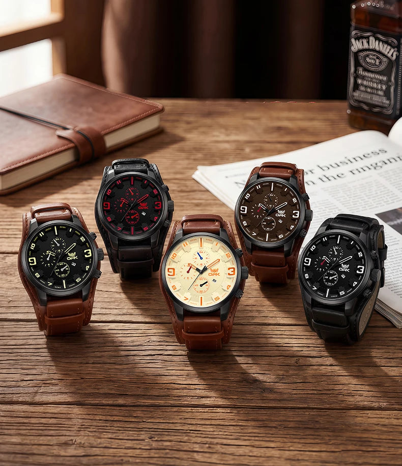 OPK 6091 Man Watch 47mm Large Dial Chronograph Date Waterproof Watches Original Leather Strap Fashion Retro Quartz Watch for Men