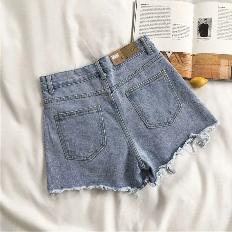 Koreanische Denim-Shorts für Damen, Sommer, modisch, lässig, hohe Taille, zerrissene Jeans, Tasche, Quaste, Y2K Hot Pants, Streetwear, blaue Hose