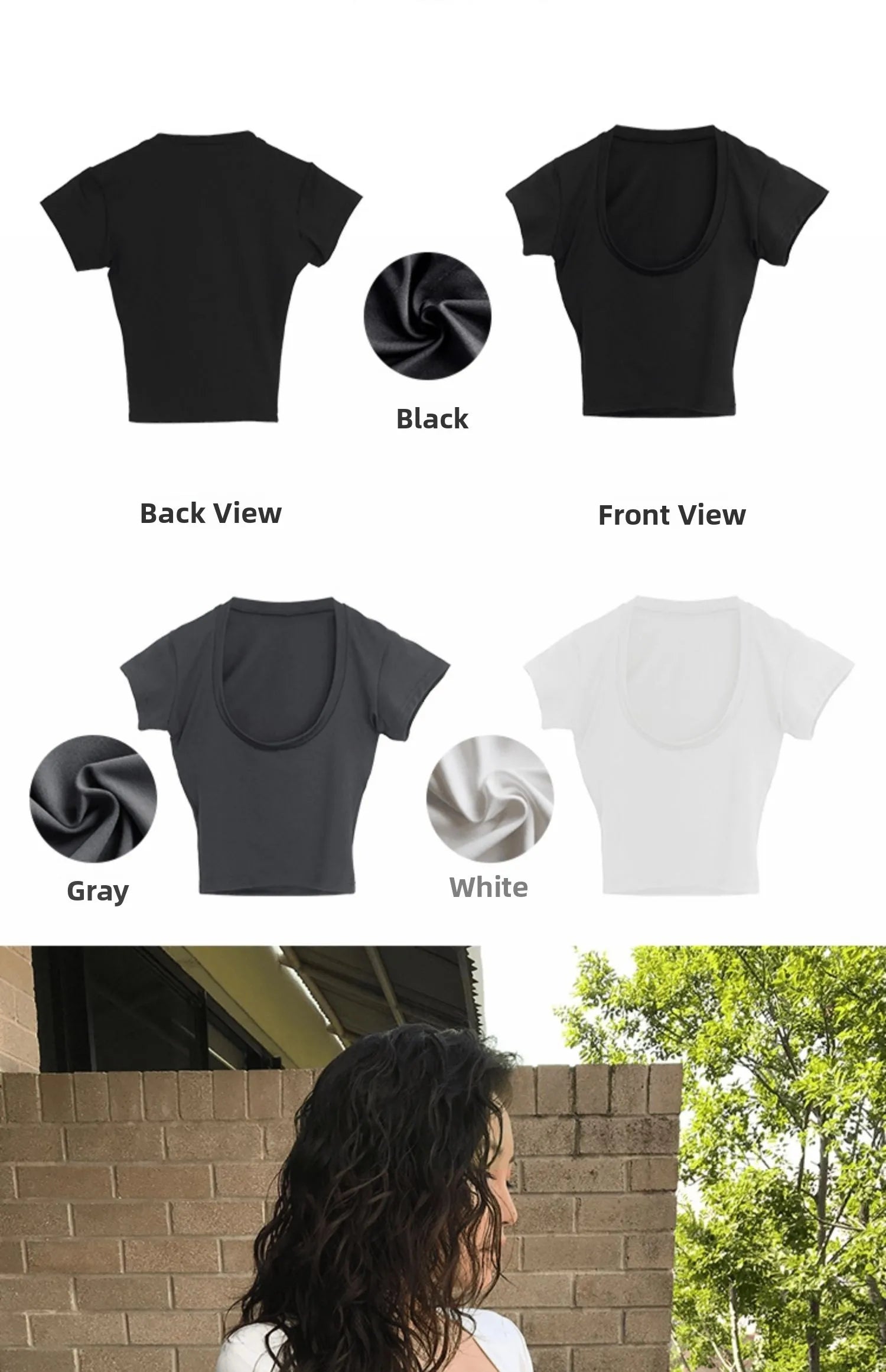 Summer Short Sleeve T-Shirt Women's High Waist Wide Leg Pants U-Neck Short Top Trendy Korean Style Commute Pure Color Shirt