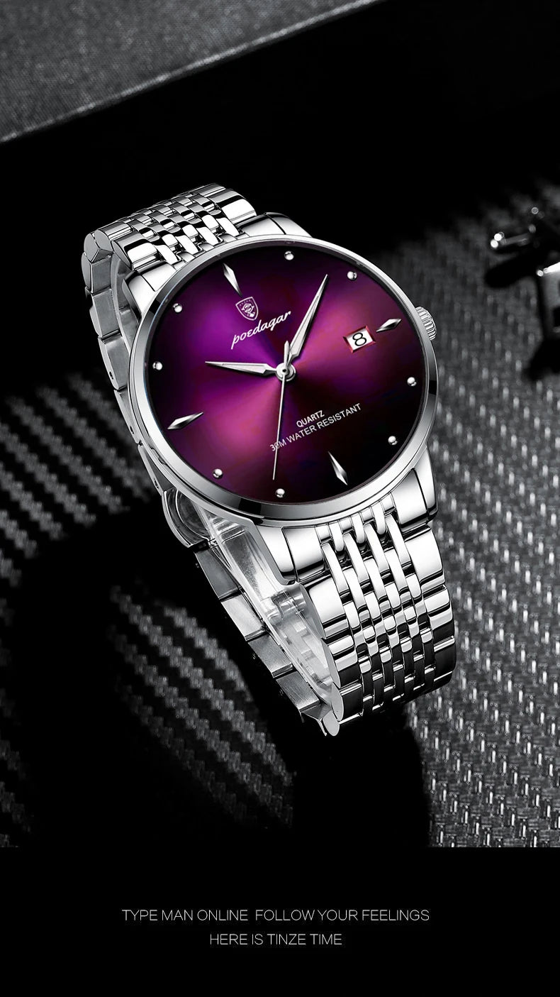 POEDAGAR Business Men's Watches Stainless Steel Date Men Watch Waterproof Luminous Fashion Casual Quartz Man Wristwatch+Gift Box