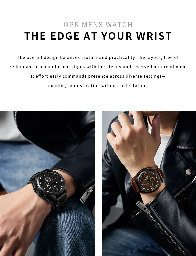 OPK 6091 Man Watch 47mm Large Dial Chronograph Date Waterproof Watches Original Leather Strap Fashion Retro Quartz Watch for Men