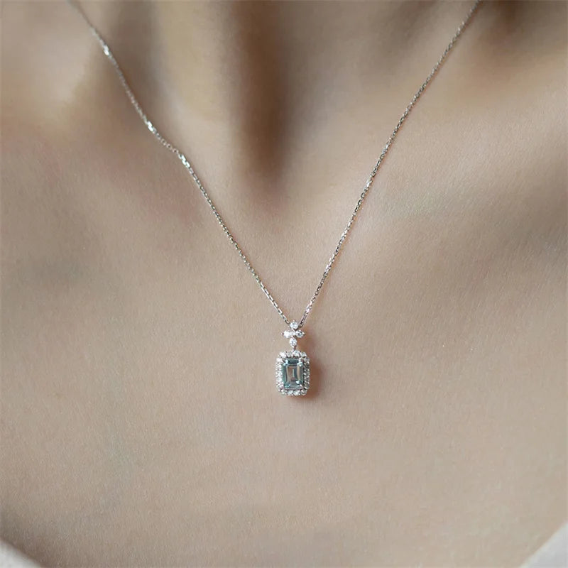 Huitan Square Light Blue Cubic Zirconia Necklace Women Engagement Wedding Accessories Brilliant Pendant Necklace Fashion Jewelry