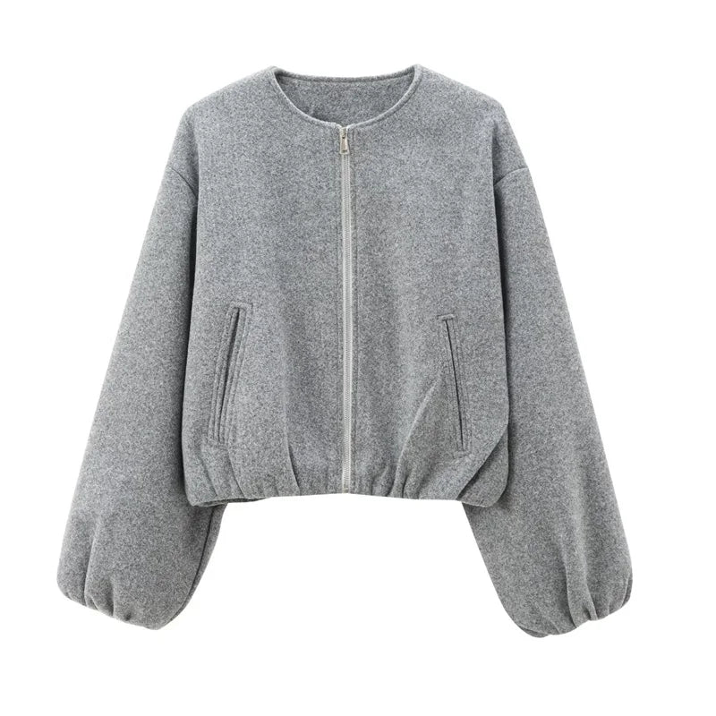 HXAO Outerwears Kurze Bomberjacke Damen Herbst Langarm Kunstwollmäntel Für Damen Winter Reißverschluss Grau Beige Kurze Mäntel