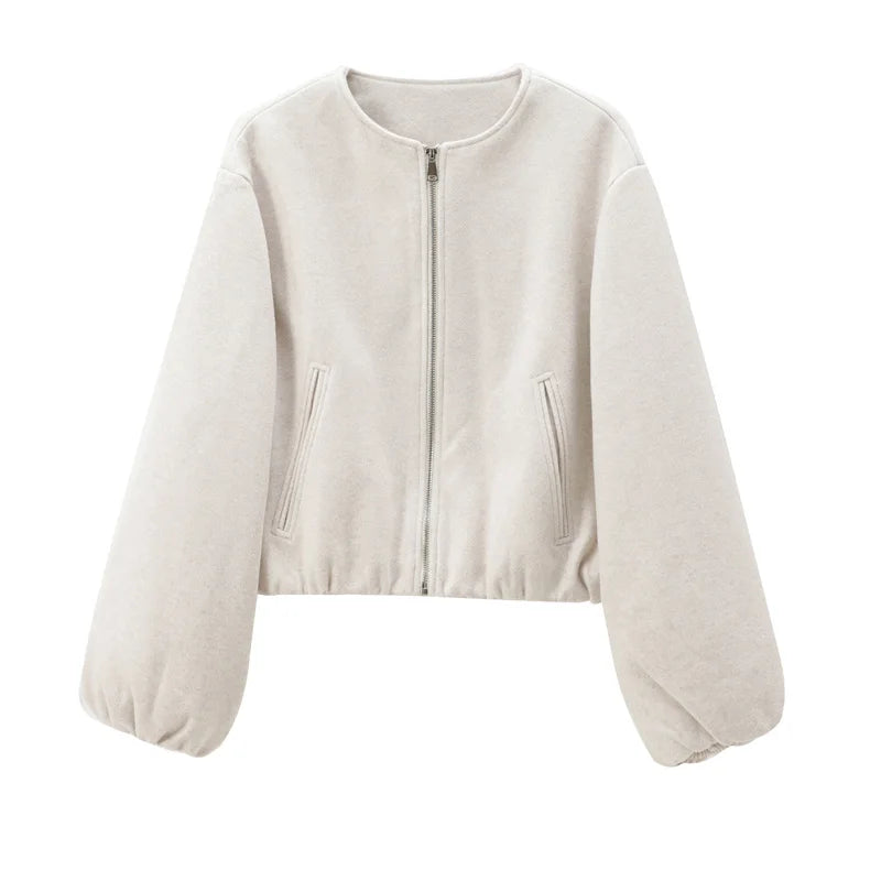 HXAO Outerwears Kurze Bomberjacke Damen Herbst Langarm Kunstwollmäntel Für Damen Winter Reißverschluss Grau Beige Kurze Mäntel
