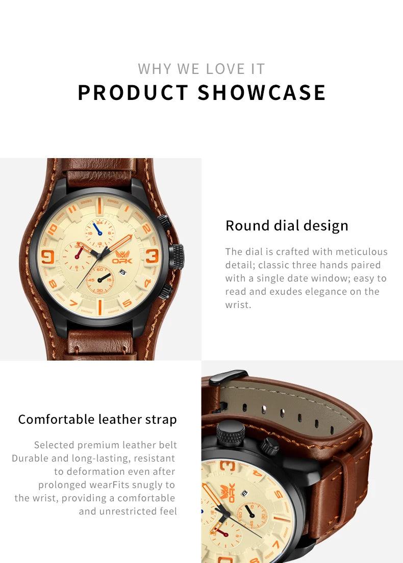 OPK 6091 Man Watch 47mm Large Dial Chronograph Date Waterproof Watches Original Leather Strap Fashion Retro Quartz Watch for Men