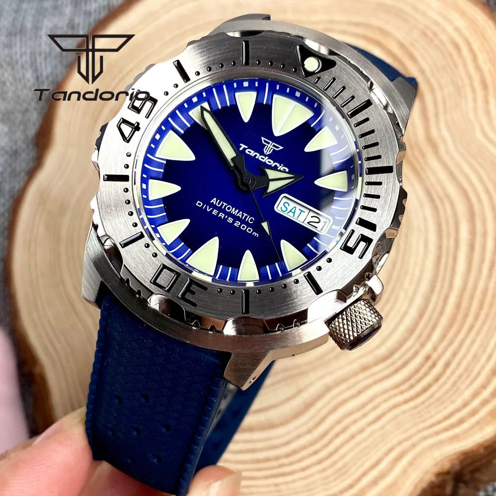 Tandorio Monster Dive NH36 42mm Mechanical Automatic Men Watch 20ATM AR Sapphire Crystal Wristwatch Date Week Green Luminous
