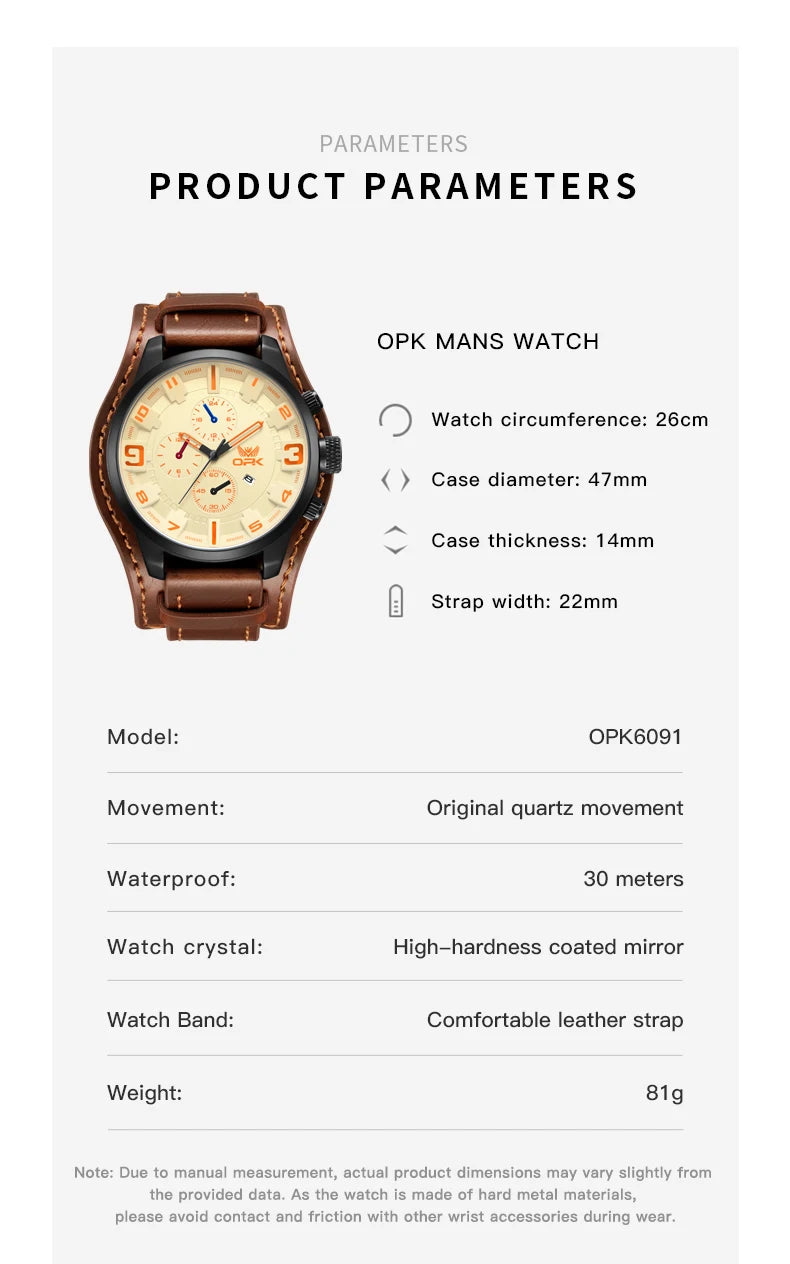 OPK 6091 Man Watch 47mm Large Dial Chronograph Date Waterproof Watches Original Leather Strap Fashion Retro Quartz Watch for Men