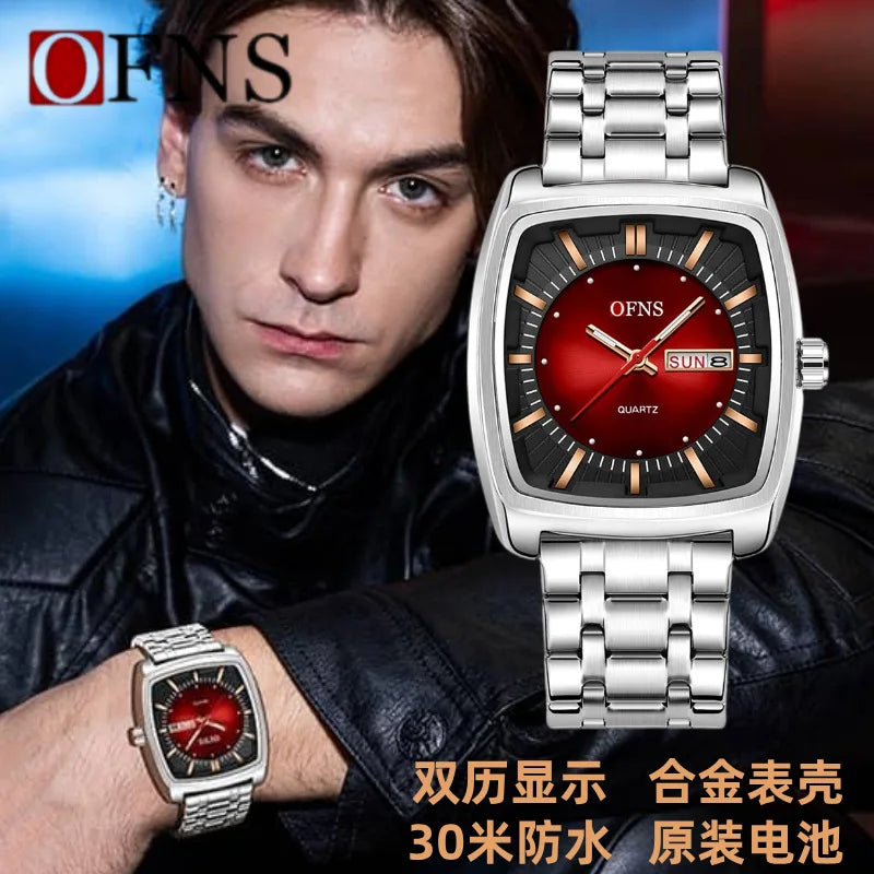 2026 Fashion Ofns Top Brand Simple Full Steel Belt Quartz Watch High Value Wine Barrel Square Waterproof Luminous Business Men's