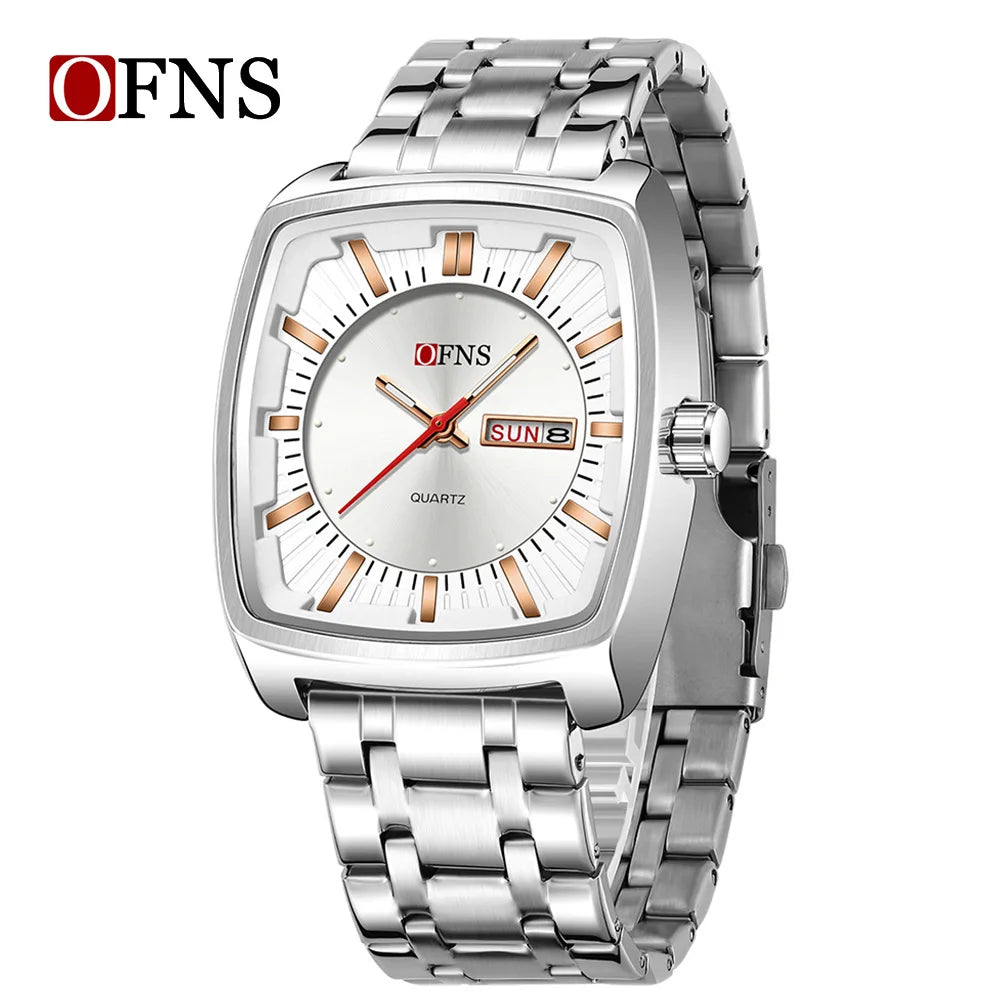 2026 Fashion Ofns Top Brand Simple Full Steel Belt Quartz Watch High Value Wine Barrel Square Waterproof Luminous Business Men's