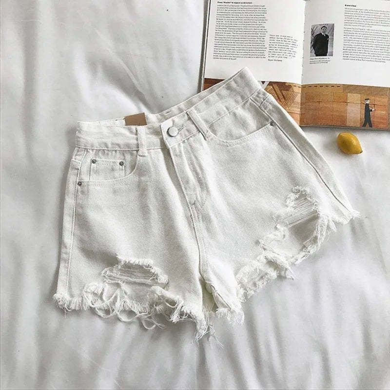 Koreanische Denim-Shorts für Damen, Sommer, modisch, lässig, hohe Taille, zerrissene Jeans, Tasche, Quaste, Y2K Hot Pants, Streetwear, blaue Hose