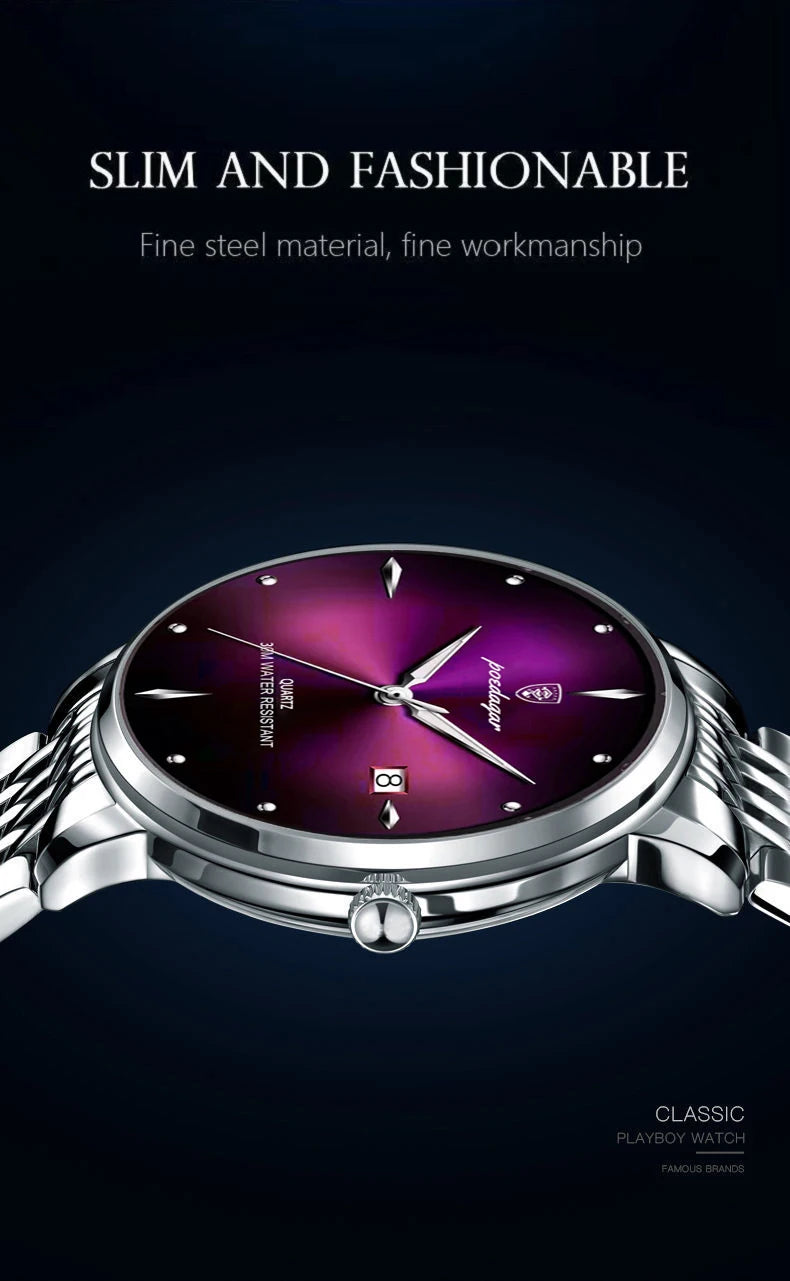 POEDAGAR Business Men's Watches Stainless Steel Date Men Watch Waterproof Luminous Fashion Casual Quartz Man Wristwatch+Gift Box