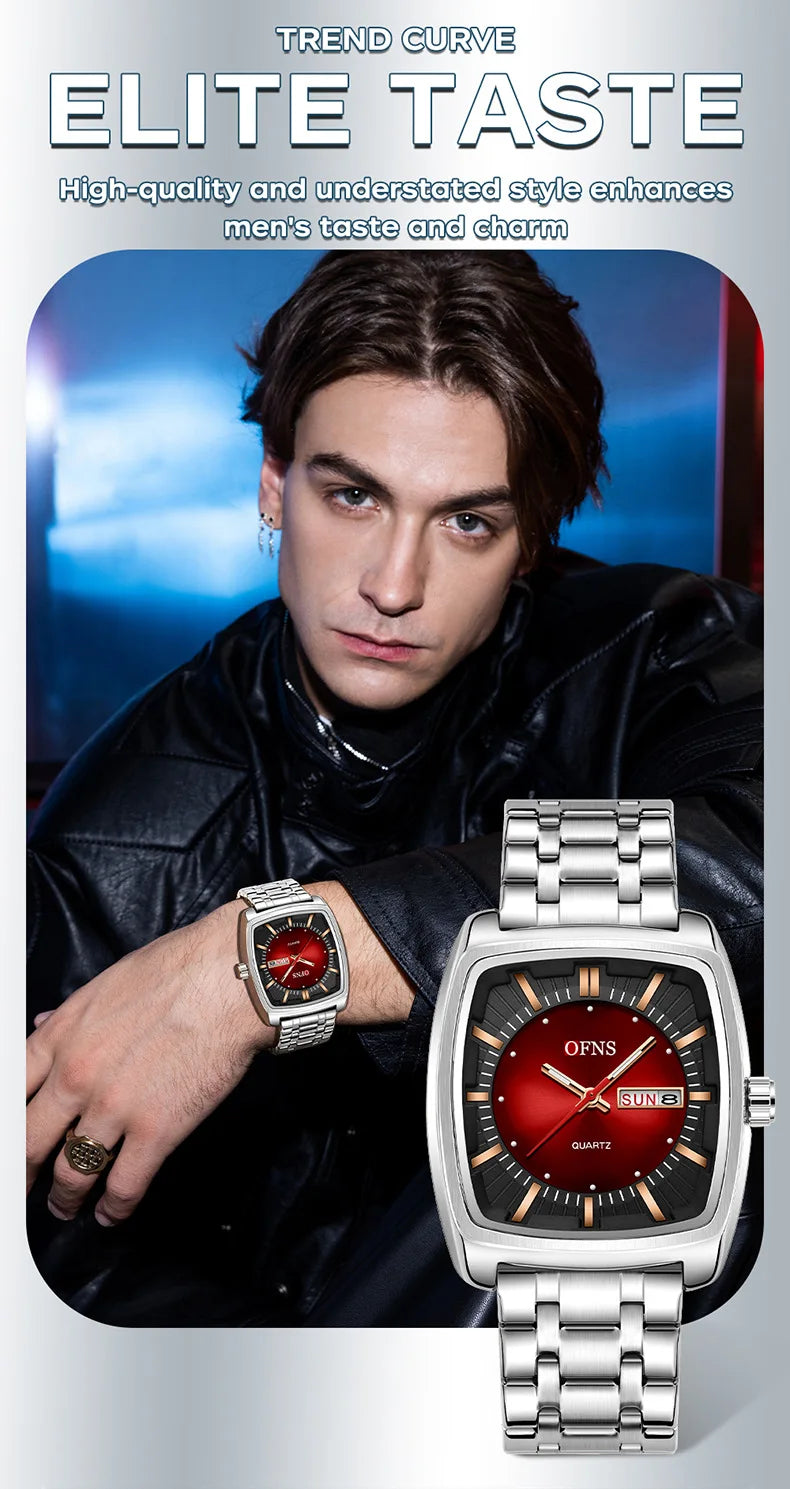 2026 Fashion Ofns Top Brand Simple Full Steel Belt Quartz Watch High Value Wine Barrel Square Waterproof Luminous Business Men's