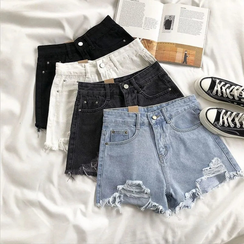 Koreanische Denim-Shorts für Damen, Sommer, modisch, lässig, hohe Taille, zerrissene Jeans, Tasche, Quaste, Y2K Hot Pants, Streetwear, blaue Hose