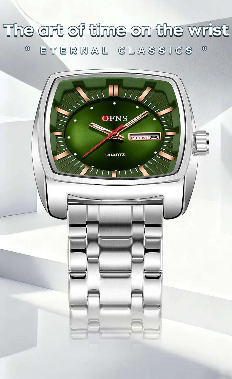 2026 Fashion Ofns Top Brand Simple Full Steel Belt Quartz Watch High Value Wine Barrel Square Waterproof Luminous Business Men's