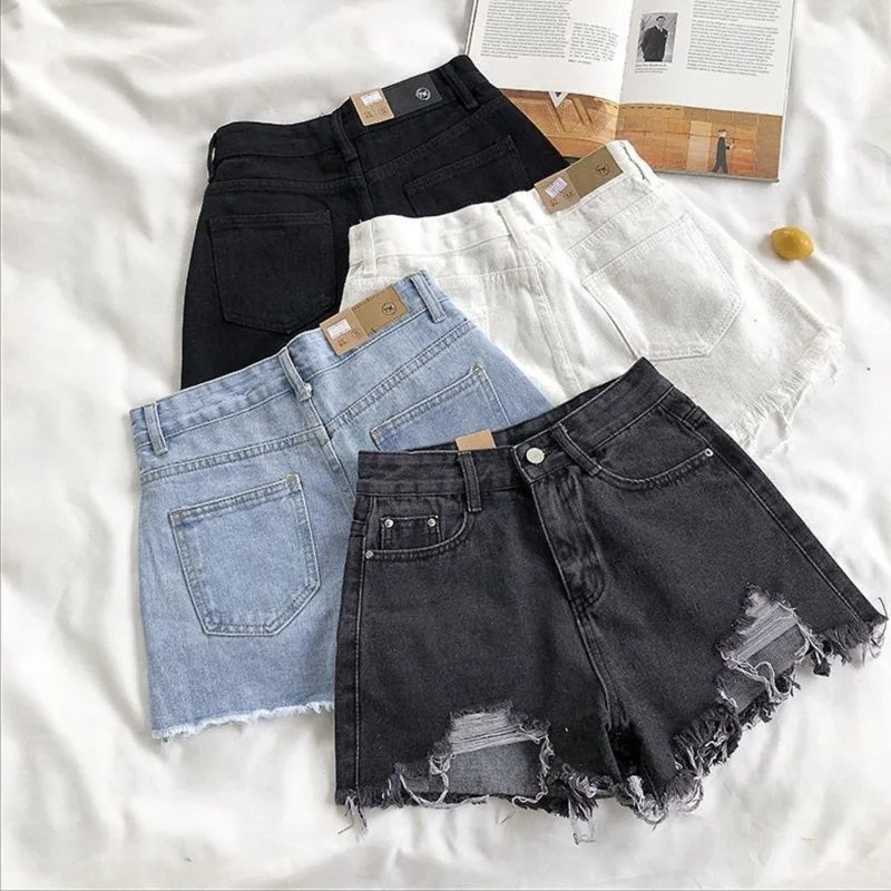 Koreanische Denim-Shorts für Damen, Sommer, modisch, lässig, hohe Taille, zerrissene Jeans, Tasche, Quaste, Y2K Hot Pants, Streetwear, blaue Hose