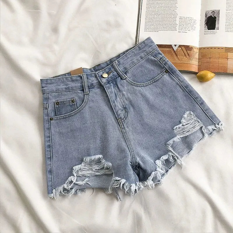 Koreanische Denim-Shorts für Damen, Sommer, modisch, lässig, hohe Taille, zerrissene Jeans, Tasche, Quaste, Y2K Hot Pants, Streetwear, blaue Hose